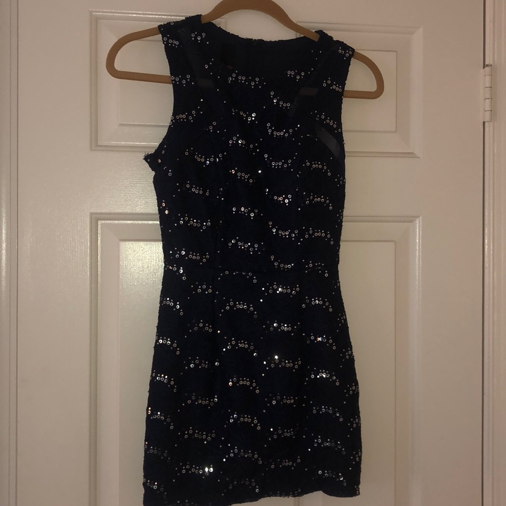 Navy lace and sequin mini dress